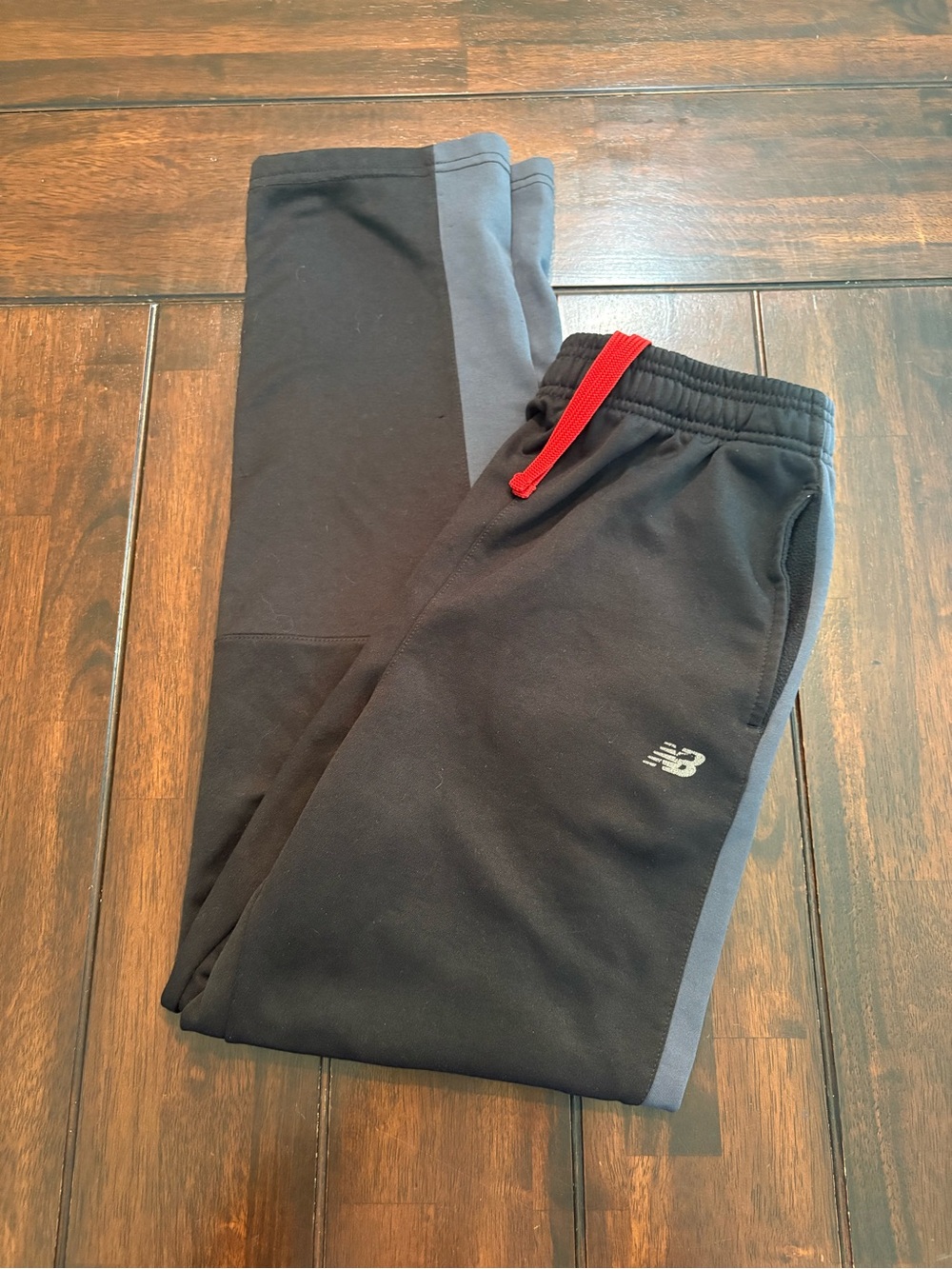 Kids New Balance Black Sweatpants Pants with Gray Side Stripes and Red Drawcord